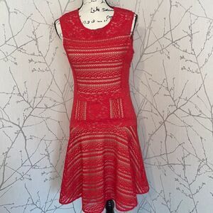 BCBGMAXAZRIA Red Lace Sheath Dress Knit Overlay Cocktail Party Size M